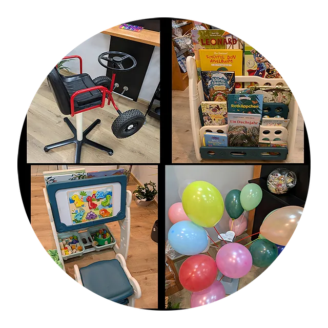 Vier Fotos der Kinderecke sind hier in einem Bild. Es gibt extra Kinderstühle mit Lenkrad zum spielen, eine Bücherecke sowie Luftballons und Spielzeug im Salon.